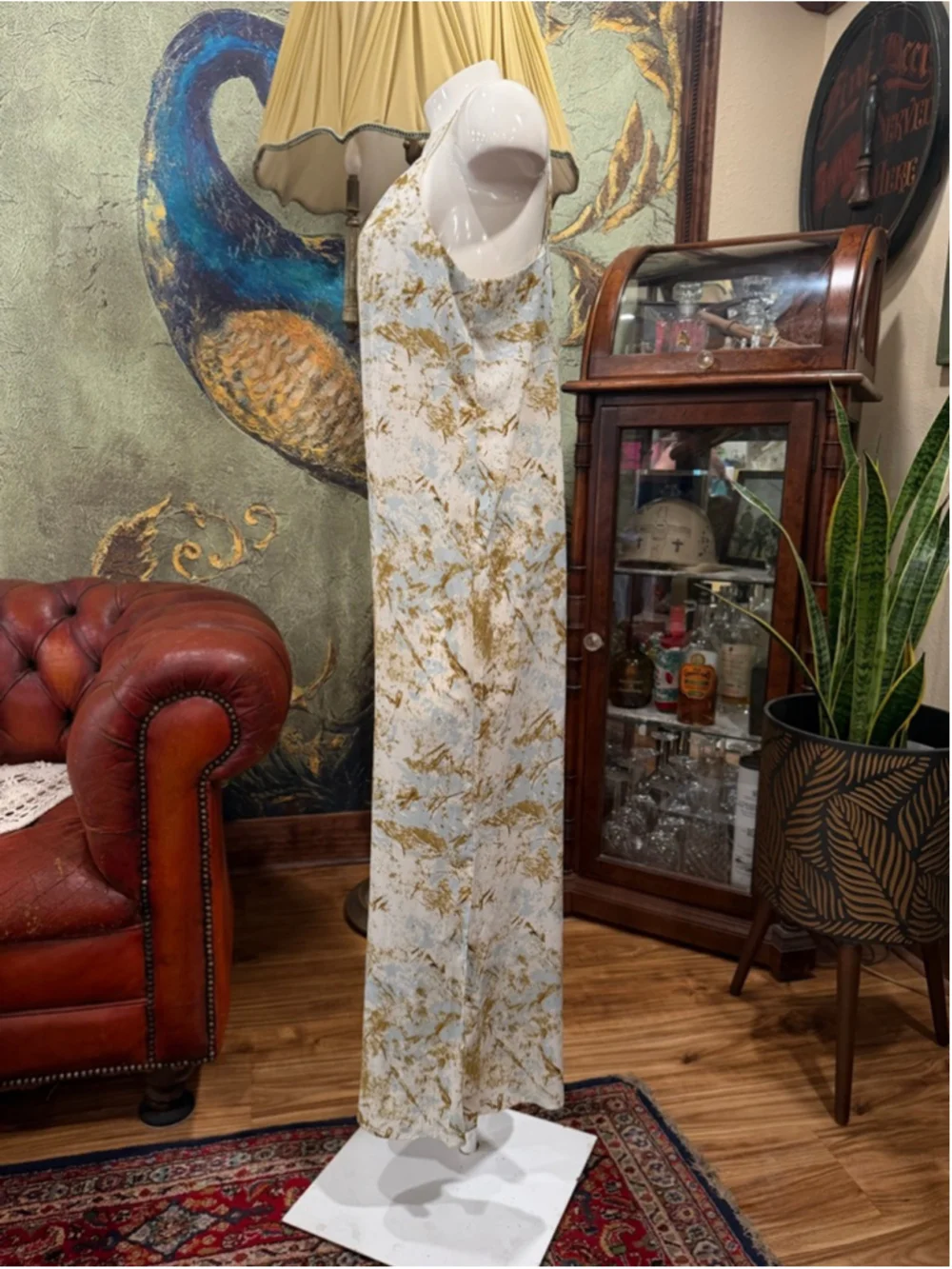 Nikki's Beach House Jumpsuit Small Blue Gold Abstract Coastal Resort Wide Leg - Picture 5 of 11